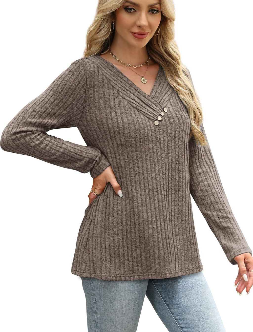 Women's Sweater Long Sleeve Shirt V-neck Top