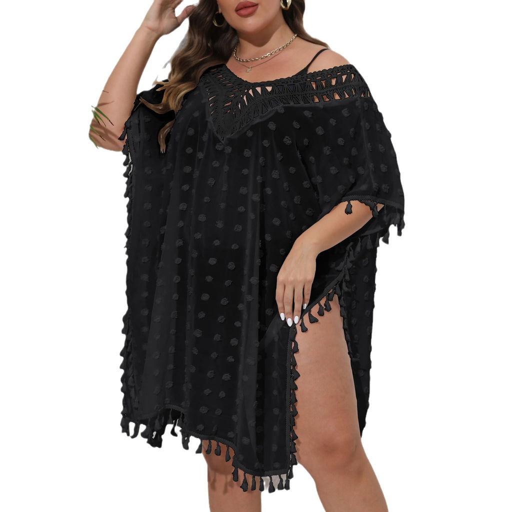 Three-dimensional Chiffon Sexy See-through Tassel V-neck Patchwork Beach Dress