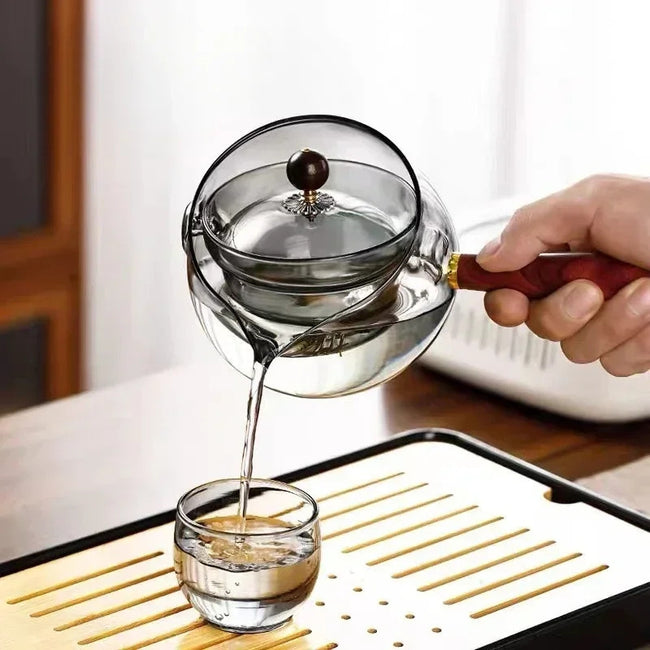 Semi-automatic Rotary Heat-resistant Glass Teapot Lazy Tea Making With Infuser And Wooden Handle Office Home Accessories Kitchen Gadgets Main Image