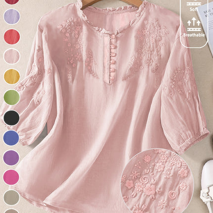 Womens Embroidered Loose Fit Retro Mid Sleeve Blouse Top