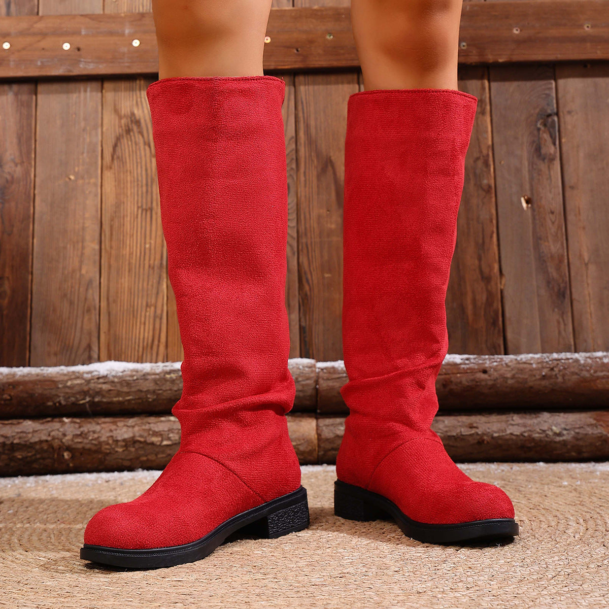 European And American Fashion Suede Sleeve High Leg Boot Low Heel Large Size Below The Knee Boots