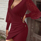 Women's Sexy Lace Bodycon Dress, Long Sleeve V Neck Ruched Wrap Mini Dress For Cocktail Party Club Night