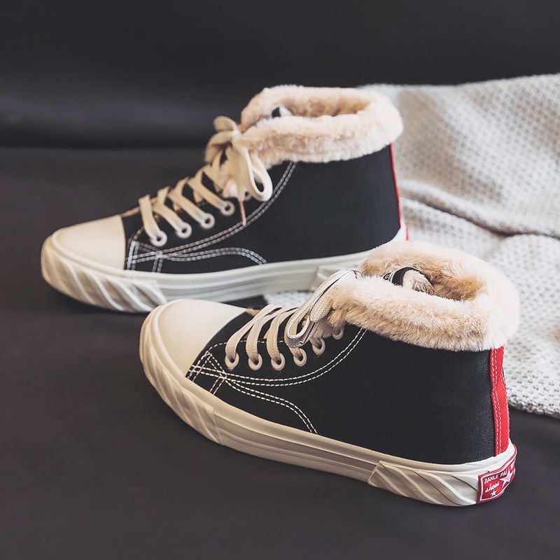 Women's Warm Black Winter Thick Flat High-top With Velvet Canvas Shoes
