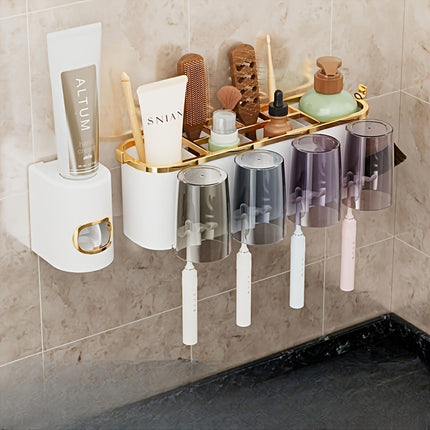 Toothpaste Squeezer Wall Mount Toothbrush Rack Mug Holder