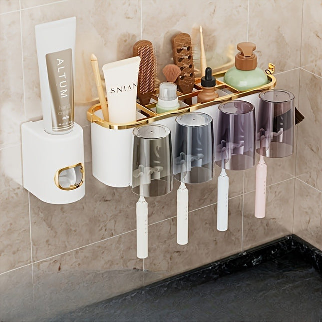 Toothpaste Squeezer Wall Mount Toothbrush Rack Mug Holder