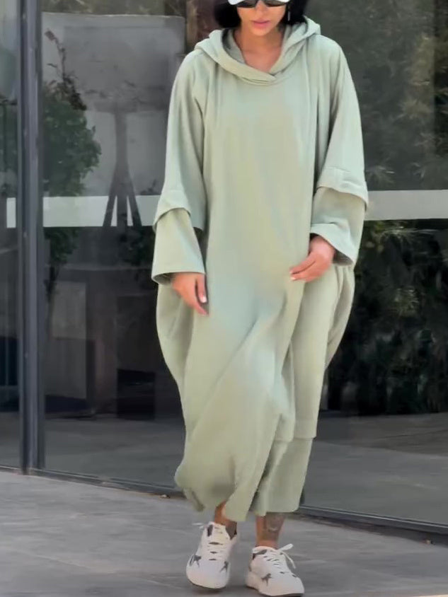 Sage Green Oversized Cape Dress With Hooded Design