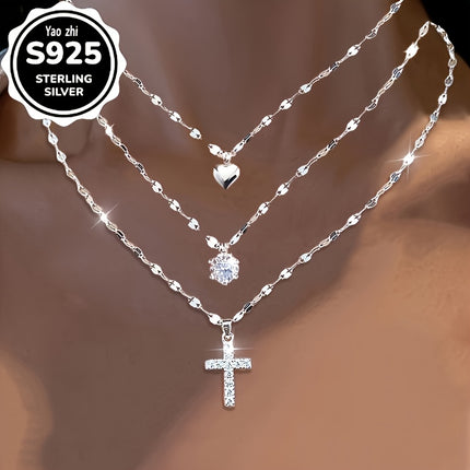 3 Pc 925 Sterling Silver Lip Cross Heart Necklace Zirconia