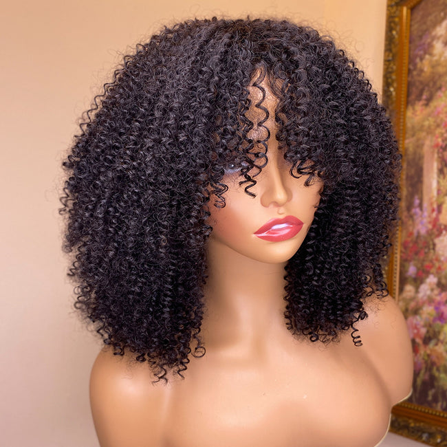 Kinky Curly Human Hair Wigs With Bangs Hover Image