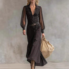 Long Sleeve See-through Blouse Collar Button Mesh Dress