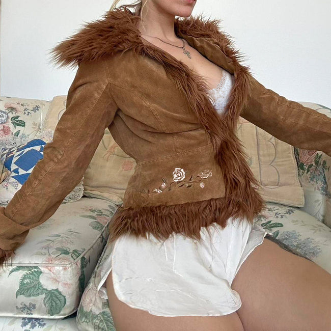 Vintage Maillard Fur Collar Flower Embroidery Short Warm Coat Main Image