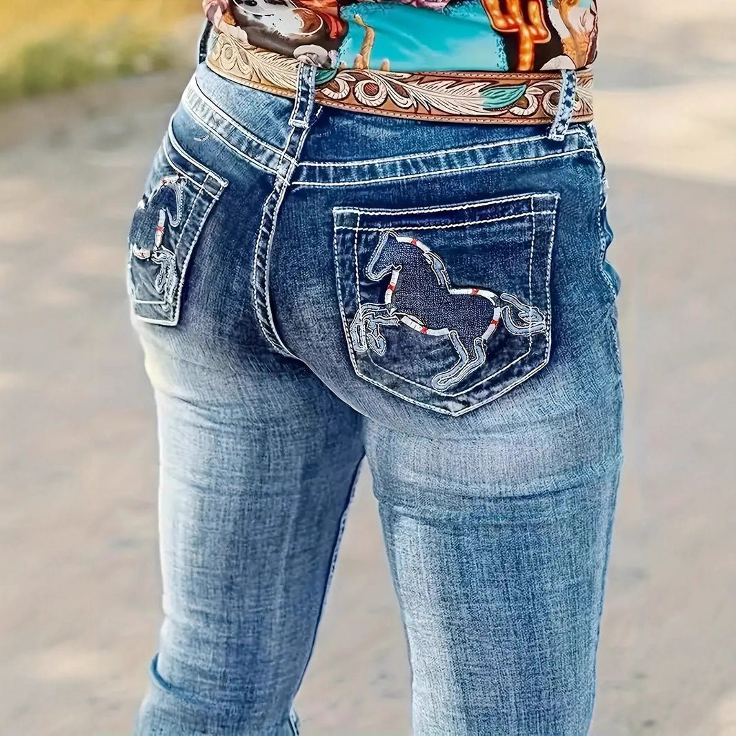 Hatchet Man Embroidery Women's High Waist Stretch Heavy Industry Washed Denim Straight-leg Trousers