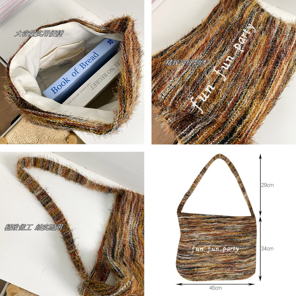 Plush Shoulder Bag Women's Messenger Bag Retro Alphabet Embroidered Commuter Tassel Bag