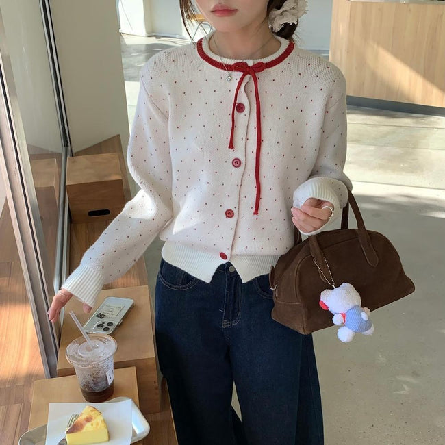 Women's Polka Dot Jacquard Lace-up Single-breasted Knitted Sweater Hover Image