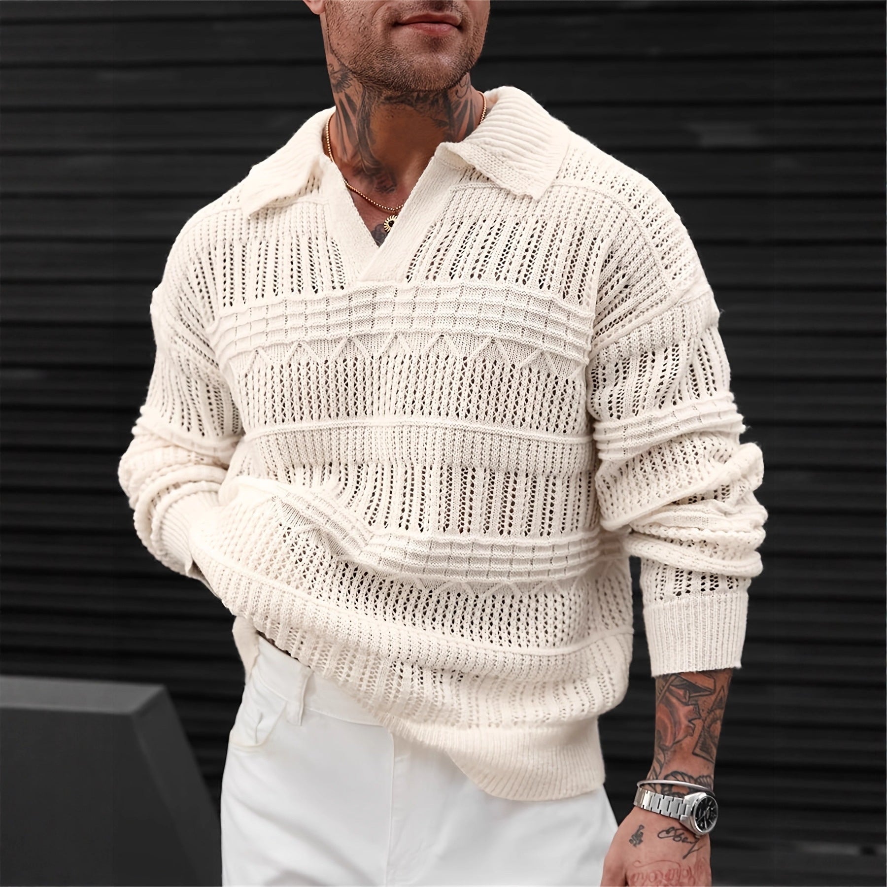 Men's Solid Color V-neck Street-like Lapel Hollow Knitwear