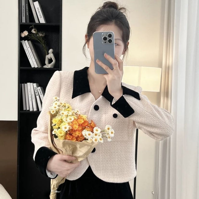 Temperament Slimming Design Velvet Short Stitching Jacket Main Image