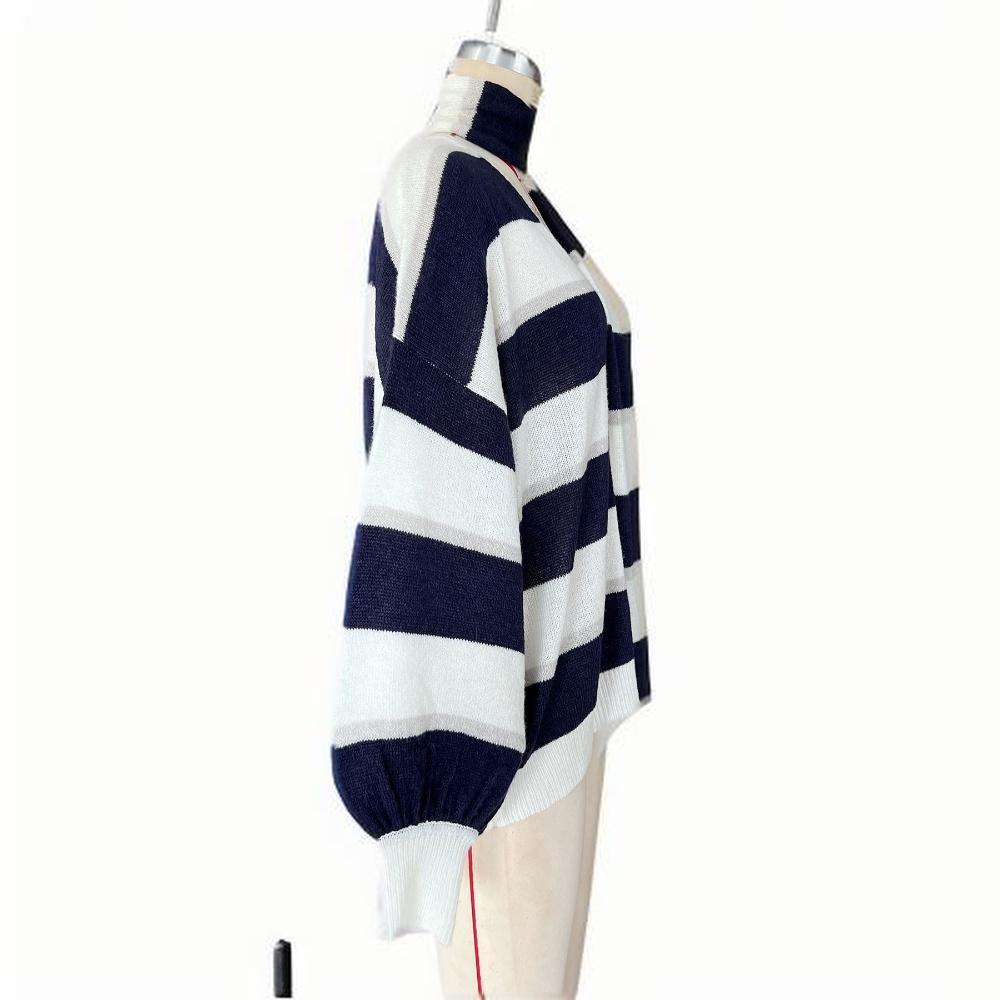 Womens Striped Cardigan Sweaters V Neck Open Front Button Up Color Block Loose Coats With Scarf