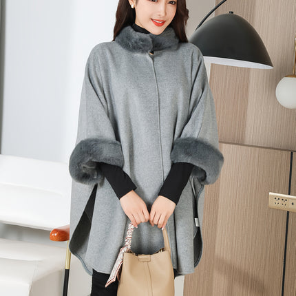 Women Fleece Collar Cloak Shawl Coat Warm Autumn Winter