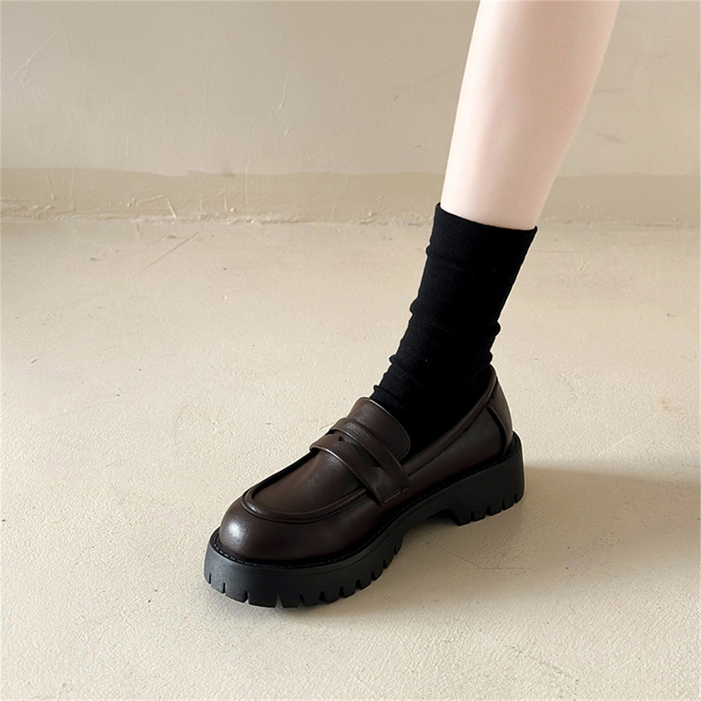 New Chunky Heel Platform British Style Leather Shoes Women