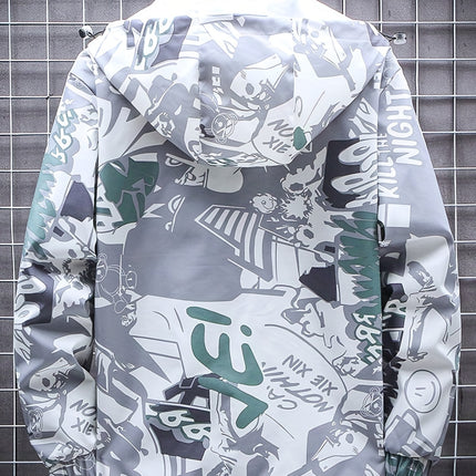 Unisex Graffiti Windbreaker Hooded Jacket Mid Length