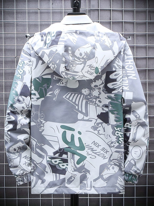 Unisex Graffiti Windbreaker Hooded Jacket Mid Length