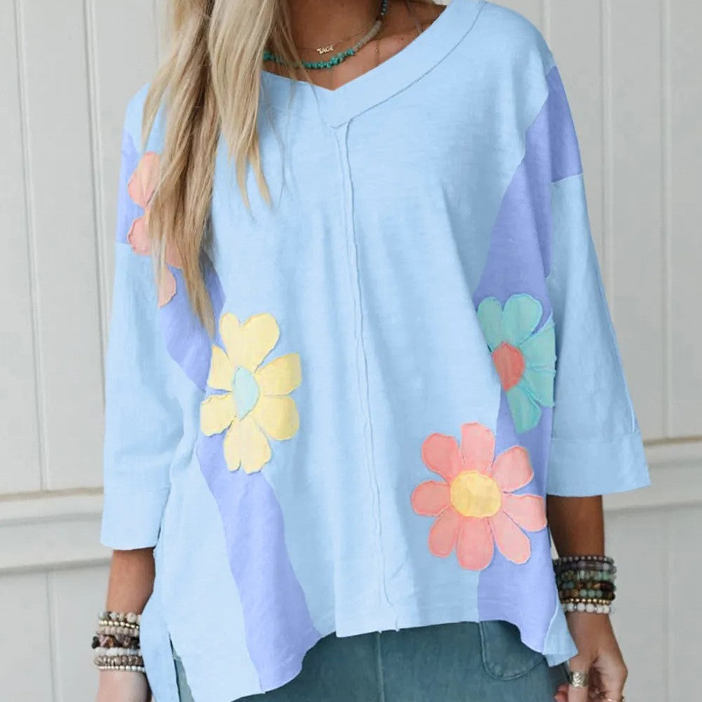 Light Blue Flower Patched Exposed Seam Bracelet Sleeve Oversized T Shirt