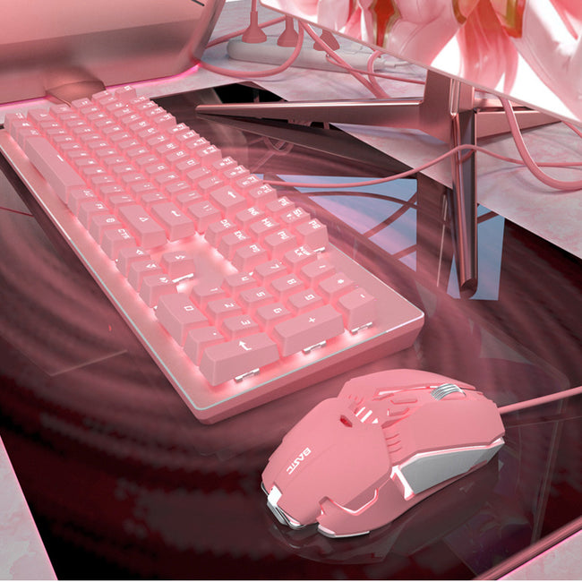 Pink Real Mechanical Keyboard And Mouse Set Girls Cute Gaming Games Dedicated Wired Green Axis Red Axis Girl Heart Luminous Wired Notebook Hover Image