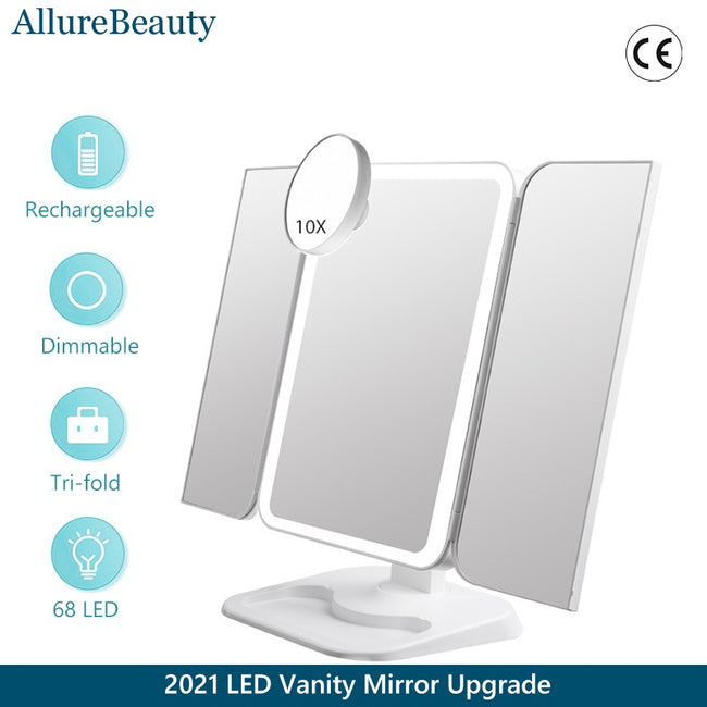Trifold Makeup Mirror With Light 68 LED Vanity Mirrors 10X Magnifying 180Rotation Main Image