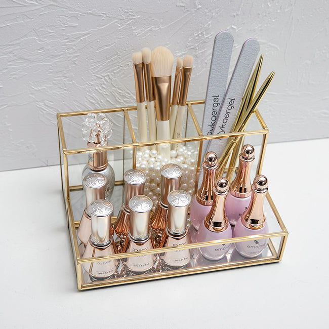 Glass Makeup Organizer Bathroom Cosmetic Organizer With Golden Hover Image