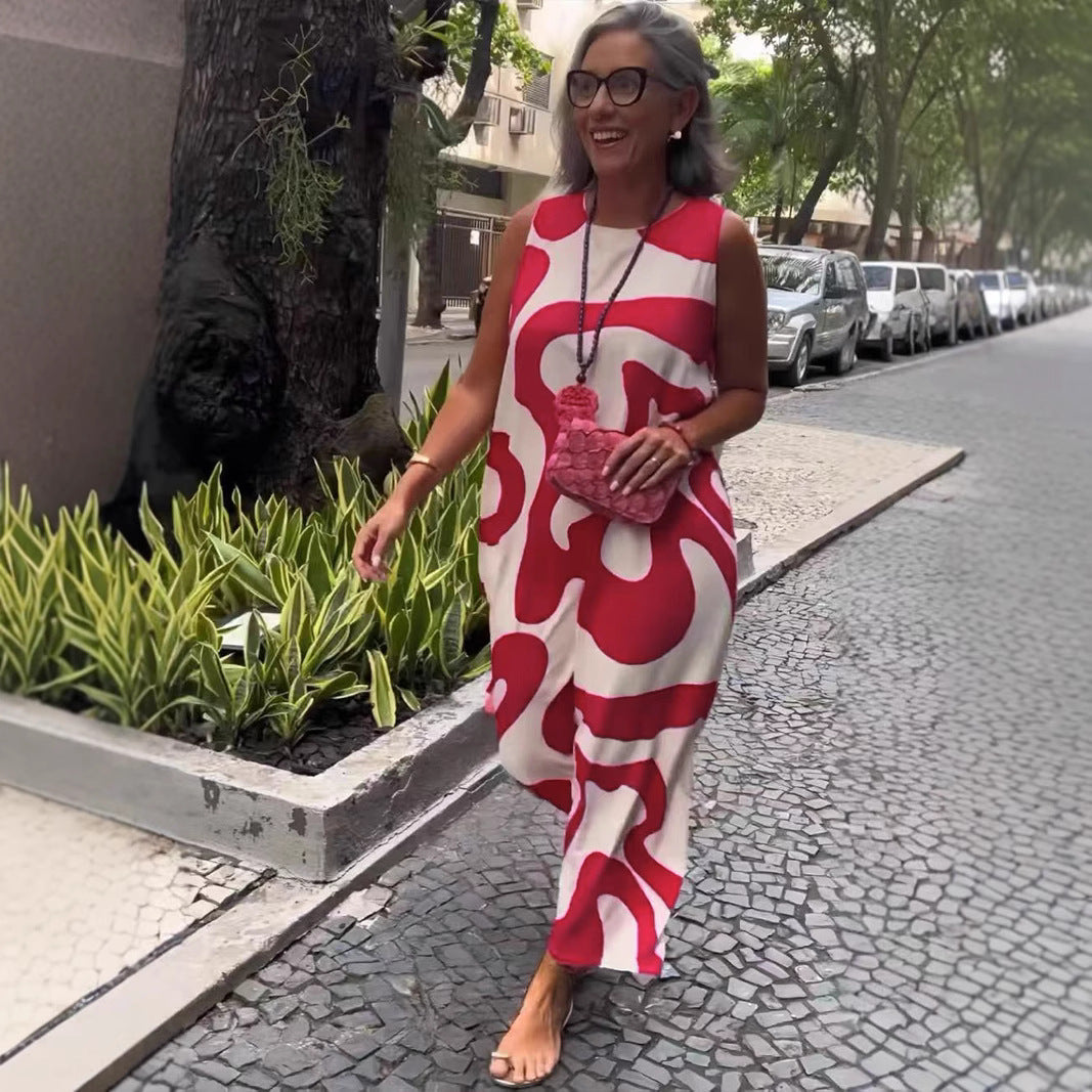 New V-neck Printed Sleeveless Dress Casual