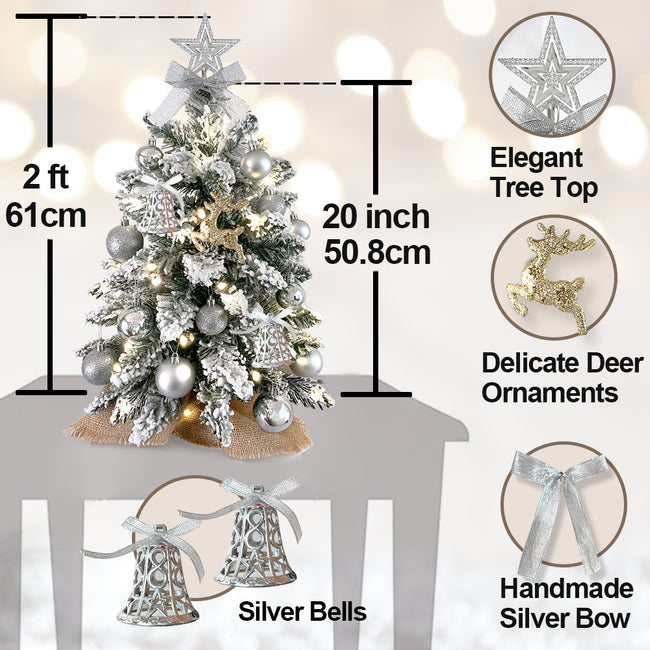 2ft Mini Christmas Tree With Light Artificial Small Tabletop Christmas Decoration With Flocked Snow, Exquisite Decor & Xmas Ornaments For Table Top For Home & Office Main Image