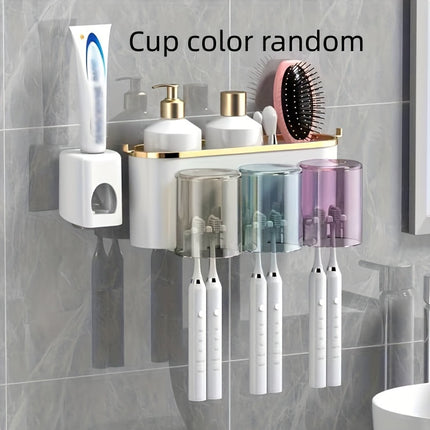 Wall Mounted Toothbrush Rack And Mug Holder With Squeezer
