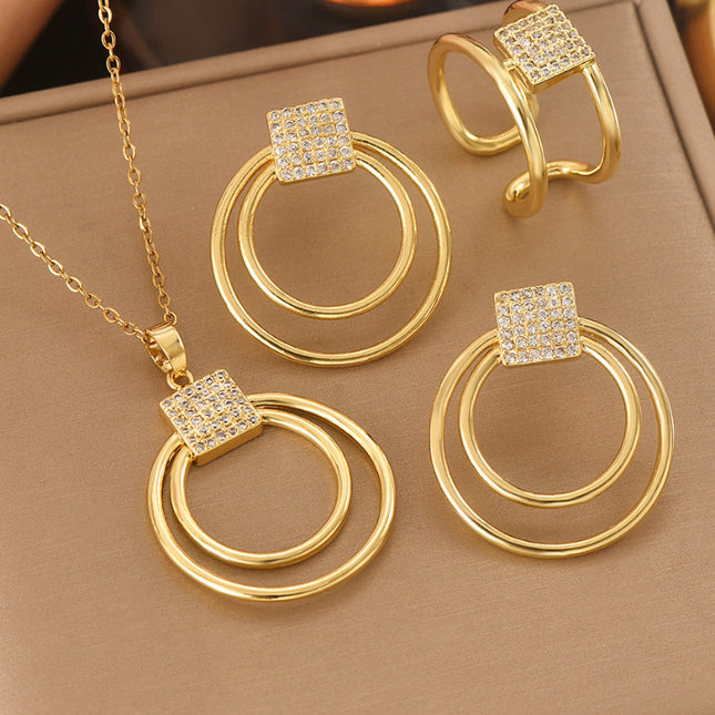 Golden 18K Geometric Jewelry Set Necklace Earrings Ring