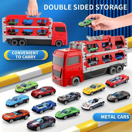 Red Transport Truck Toy Set With 6 Cars And Double Track