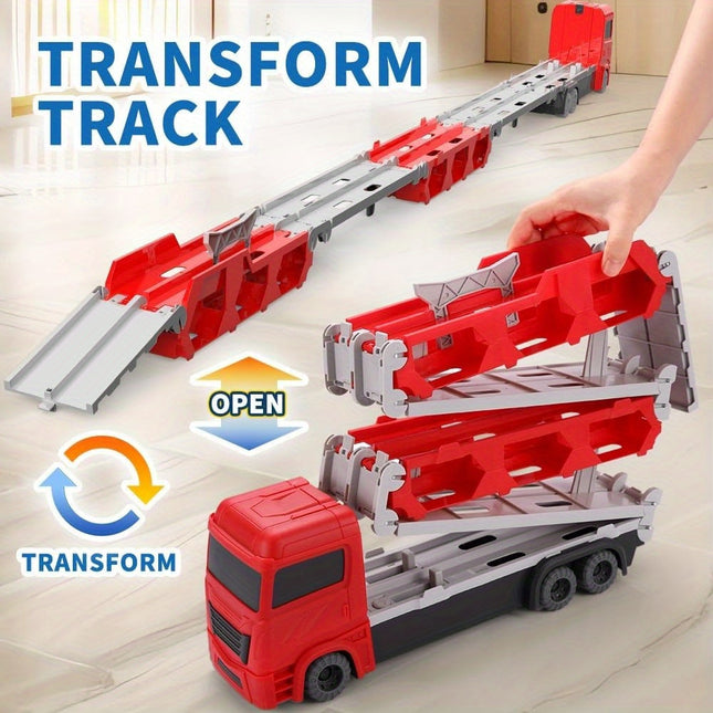 Red Transport Truck Toy Set With 6 Cars And Double Track