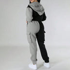 Women's Color Block 2 Piece Set, Full Zip Up Cropped Hoodie Jacket & Drawstring Cargo Pants, Casual Streetwear Outfit