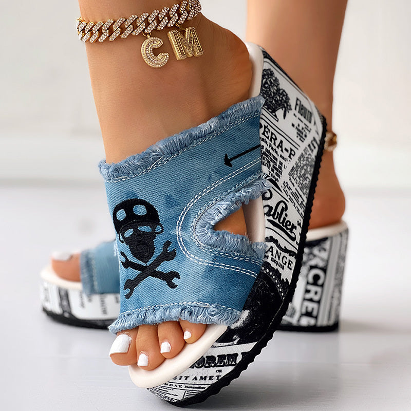 Newspaper Skull Original Hem Platform Wedge Slides - Anklet Not Included