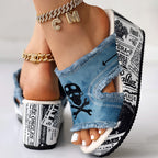 Newspaper Skull Original Hem Platform Wedge Slides - Anklet Not Included