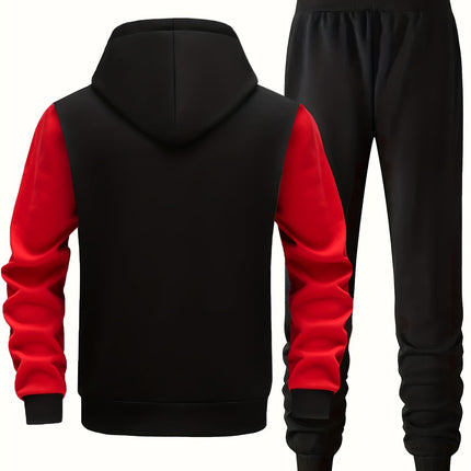 Mens Bold Print Urban Streetwear Hoodie Pants Set Black Red