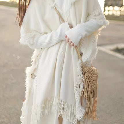 Hooded Cape Sweater With Tassel Trim Poncho For Women