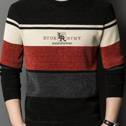 Mens Winter Striped Crew Neck Sweater Long Sleeve Pullover
