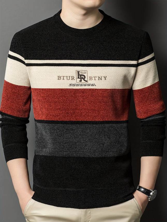 Mens Winter Striped Crew Neck Sweater Long Sleeve Pullover
