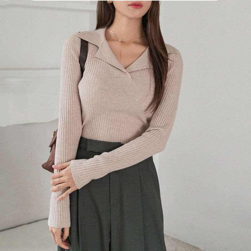 V-neck Hemmed Pullover Sweater Vertical Pattern Sunken Stripe Solid Color