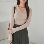 V-neck Hemmed Pullover Sweater Vertical Pattern Sunken Stripe Solid Color