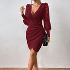 Women's Sexy Lace Bodycon Dress, Long Sleeve V Neck Ruched Wrap Mini Dress For Cocktail Party Club Night
