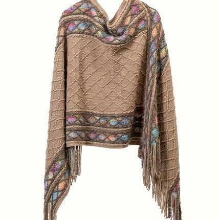 Women V Neck Fringe Sweater Geometric Pattern Long Sleeve