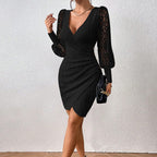 Women's Sexy Lace Bodycon Dress, Long Sleeve V Neck Ruched Wrap Mini Dress For Cocktail Party Club Night