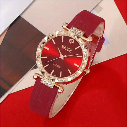 Womens Casual Red Wristwatch With Faux Leather Strap Quartz