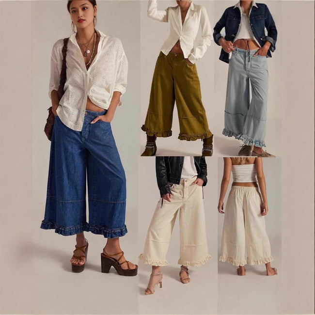 New Women's Wide-leg Cropped Lace Jeans Hover Image