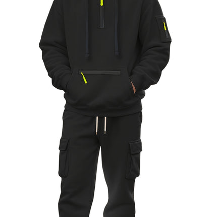 Mens Black Hooded Zip Up Sweatshirt And Joggers Set Pockets