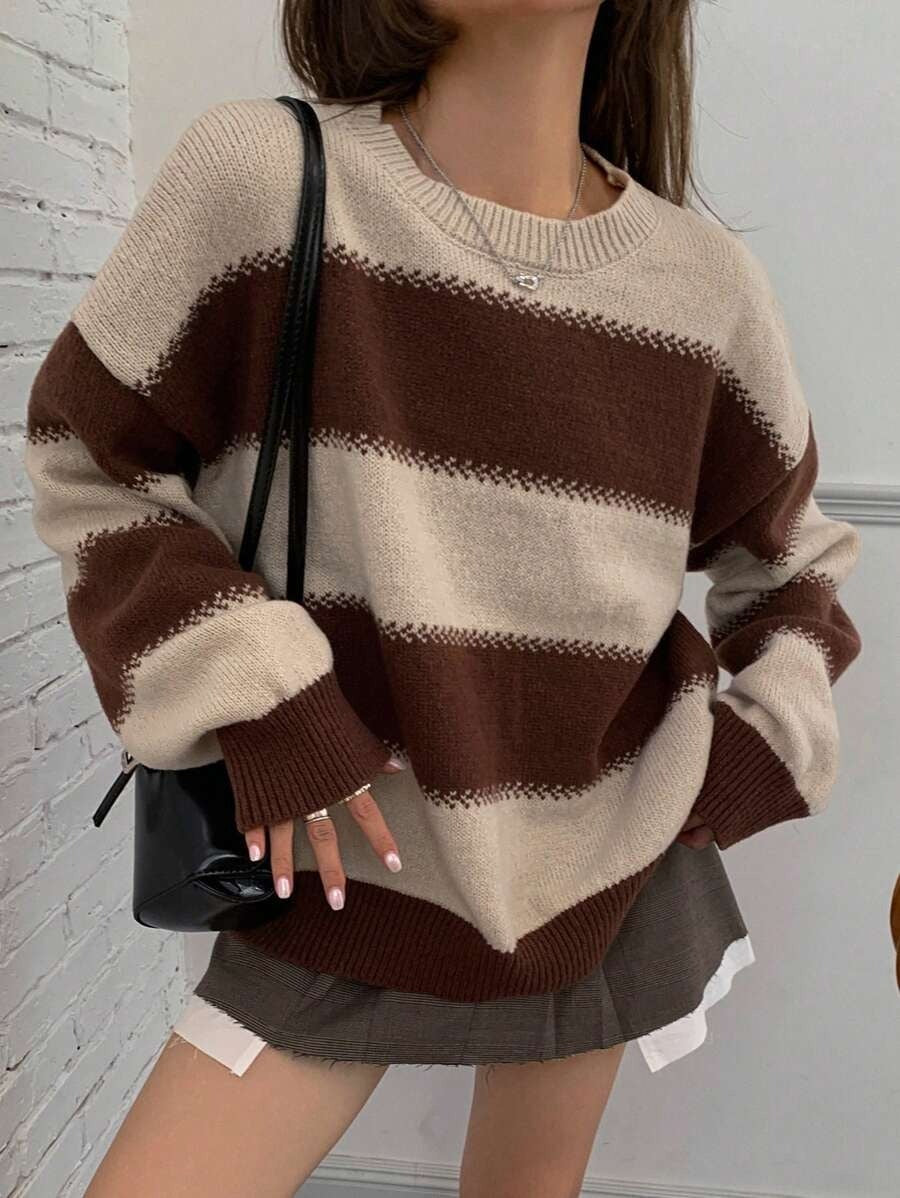 Idle Style Striped Contrast Color Autumn Round Neck Pullover Dinified Sweater